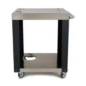 Mobile utility cart with wheels and a side handle.