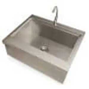 A stainless steel kitchen sink with a faucet.