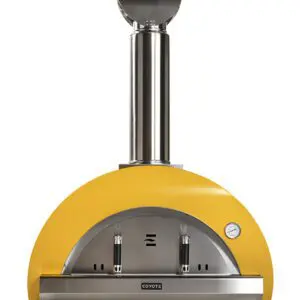 A yellow wood-fired pizza oven with a stainless steel chimney.