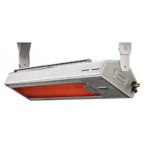 A silver infrared heater with a red heating element and mounting brackets.