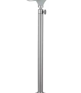 Silver metal pole with adjustable clamp and mounting screw.