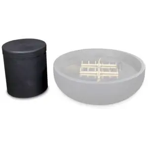 Black cylindrical container and round metal device.