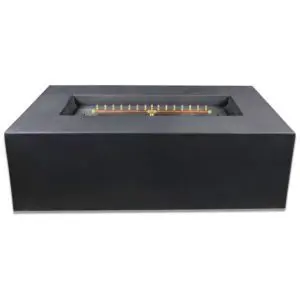 Rectangular black fire pit with burner.