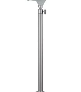 Silver metal pole with adjustable clamp and mounting screw.